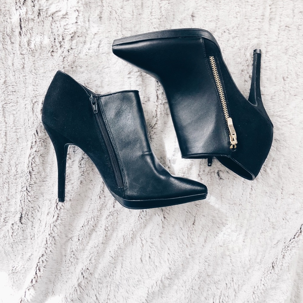 Black faux leather and suede booties
